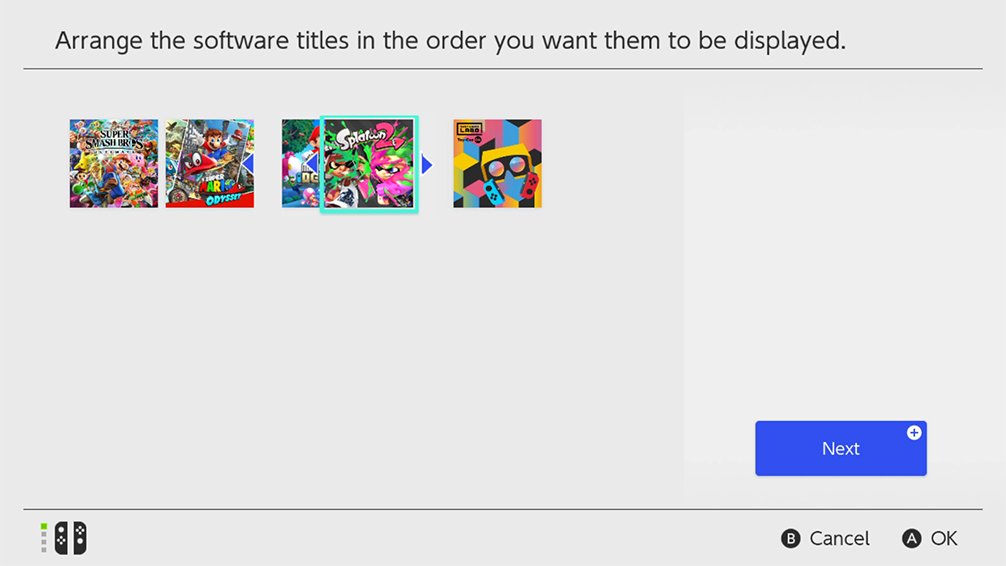 A screen on Nintendo Switch showing where you can move the order of games in a Group.