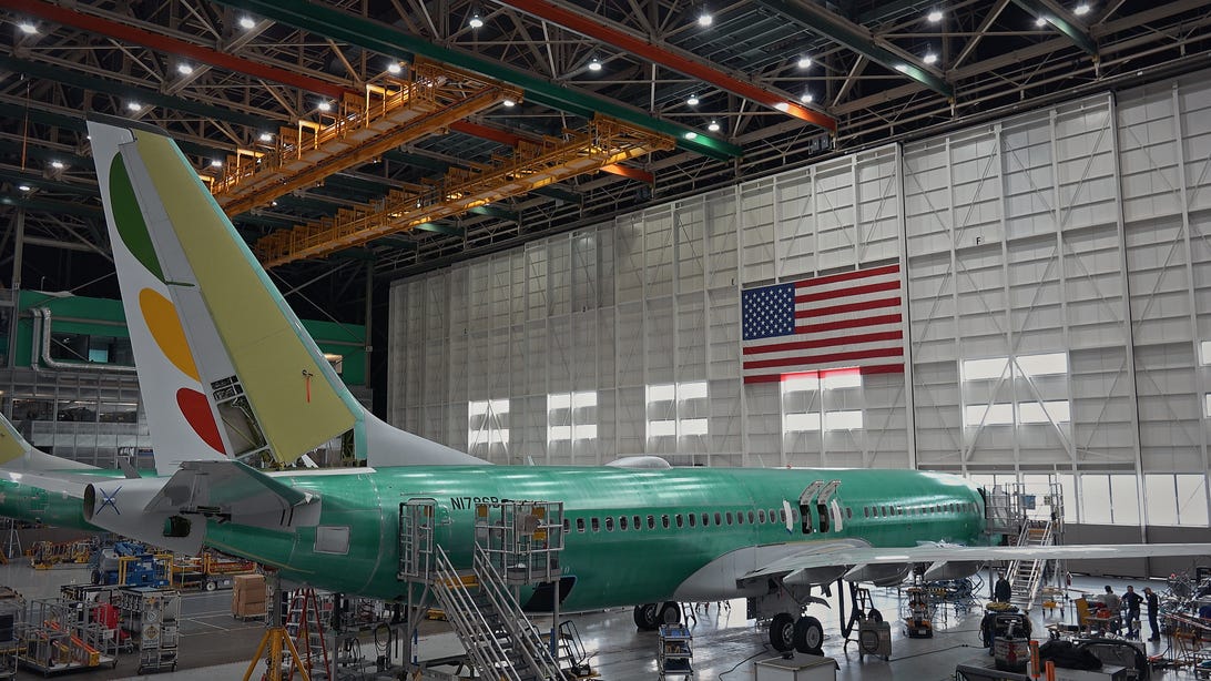 An Ethiopian Airlines 737 Max on the assembly line at Boeing's factory.