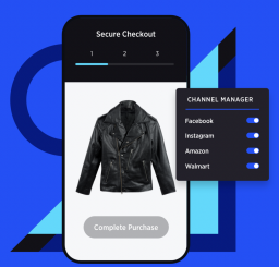 Phone screen with picture of leather jacket at checkout, with social media tabs turned on