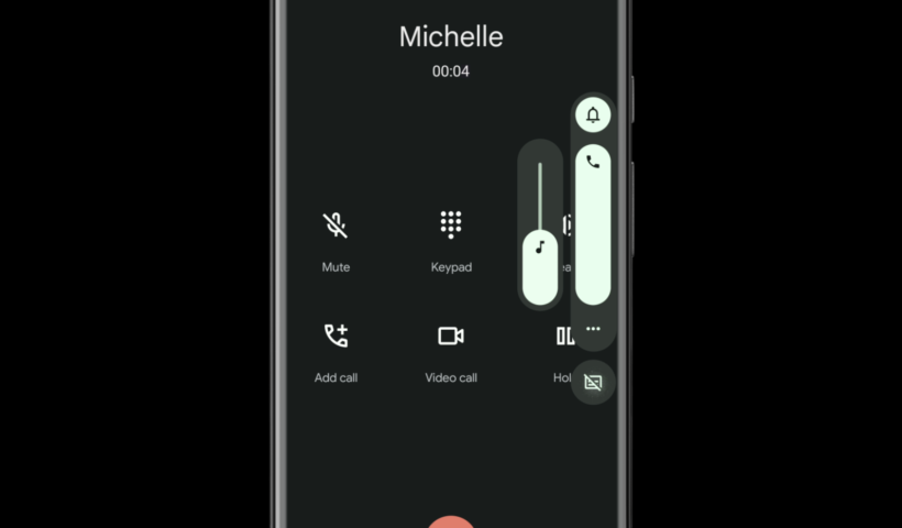 Google Pixel phone call screen with caption options below the volume control.