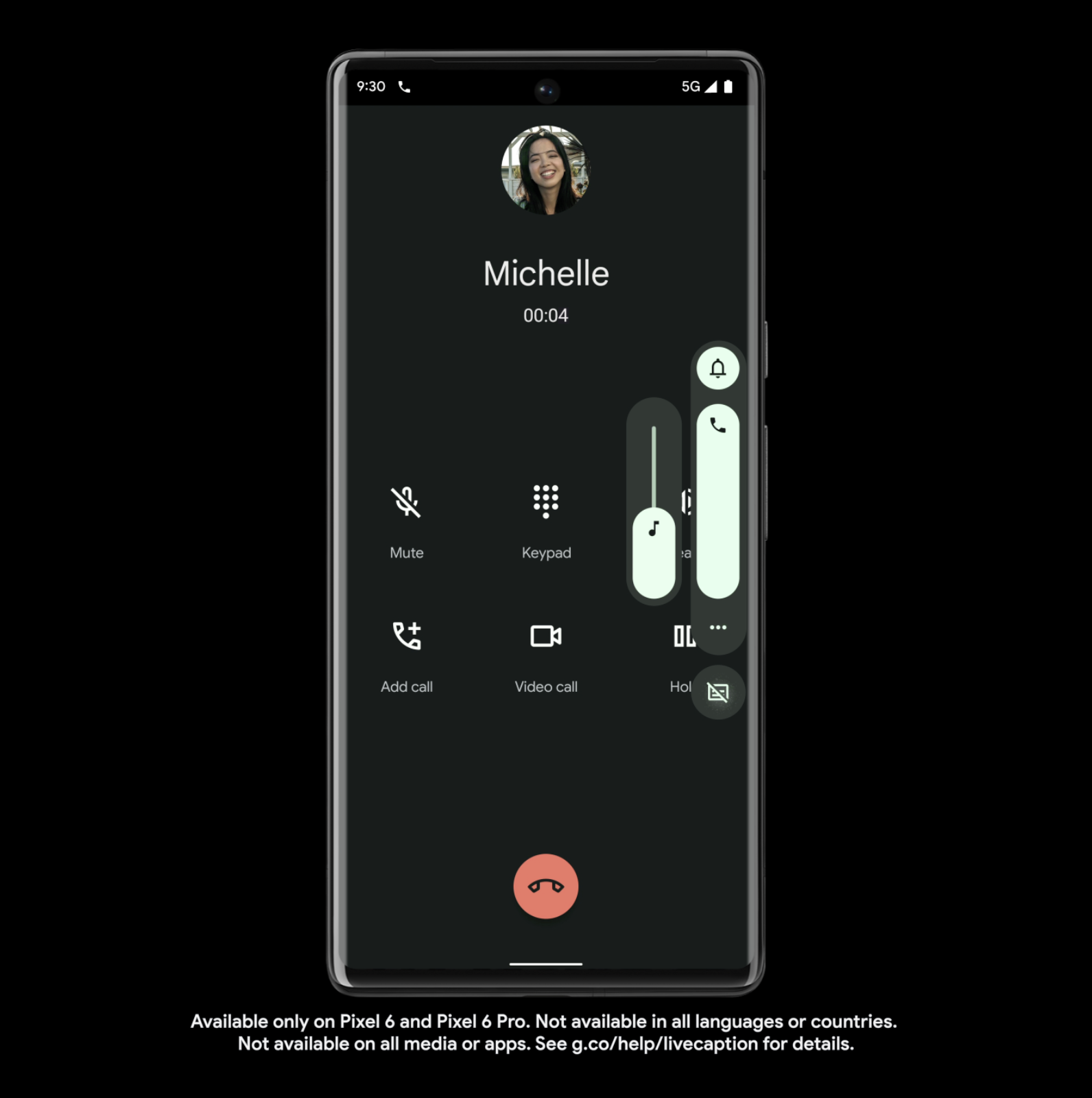 Google Pixel phone call screen with caption options below the volume control.