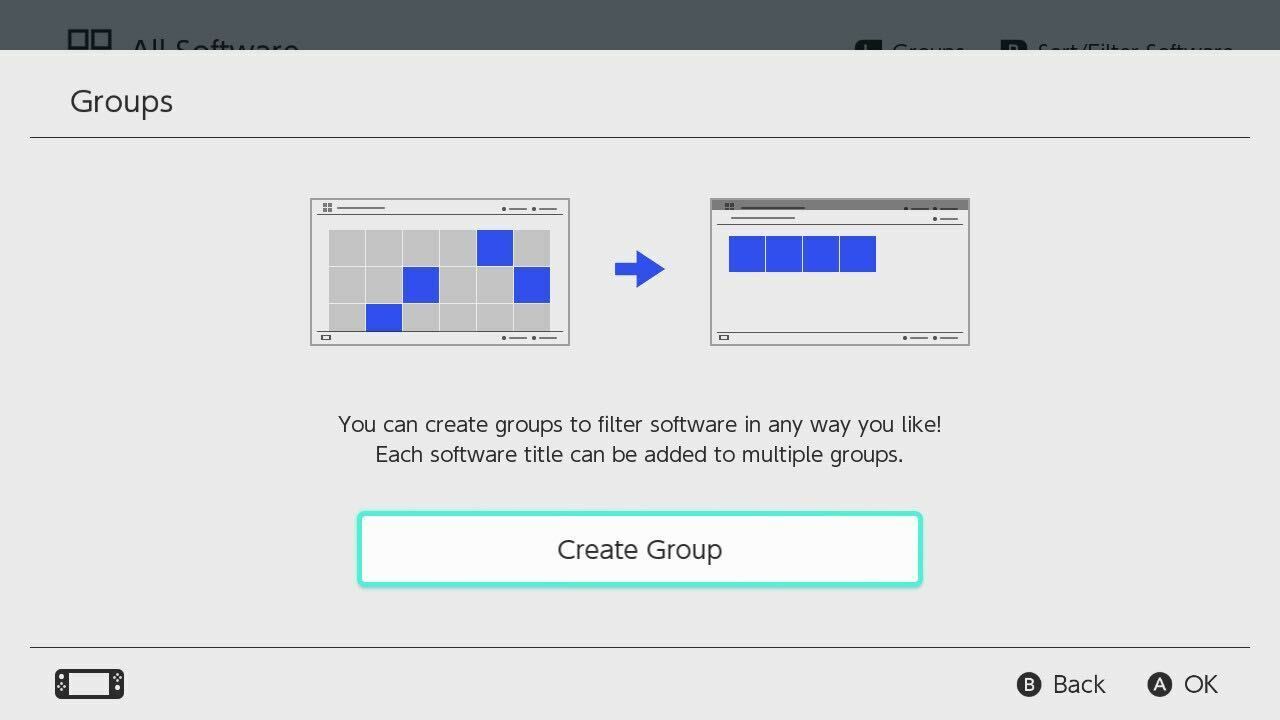 A screen on Nintendo Switch showing the button to "Create Group."