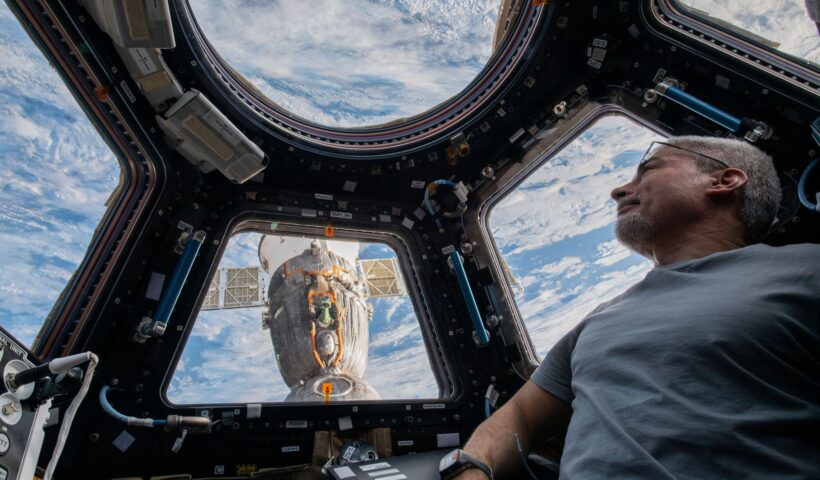 Astronaut Mark Vande Hei admiring an Earth view