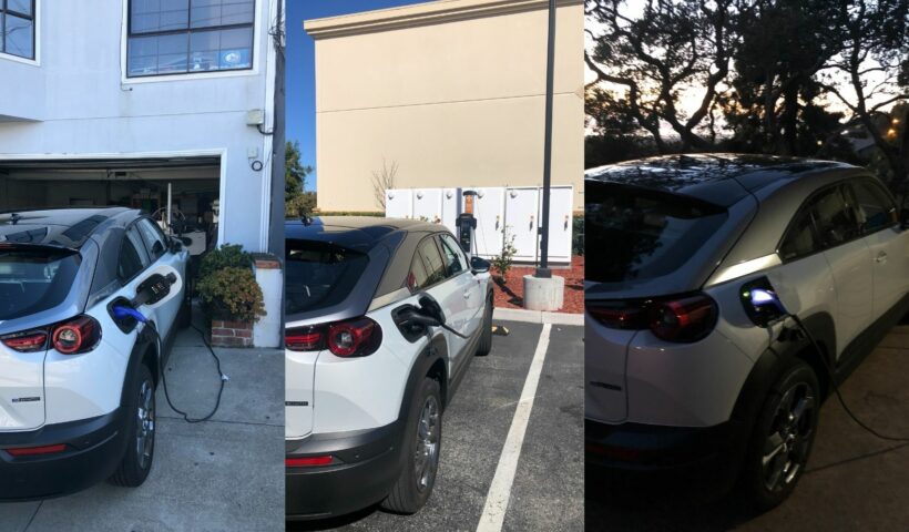 Three photos of a white electric car plugged into a charging plug.