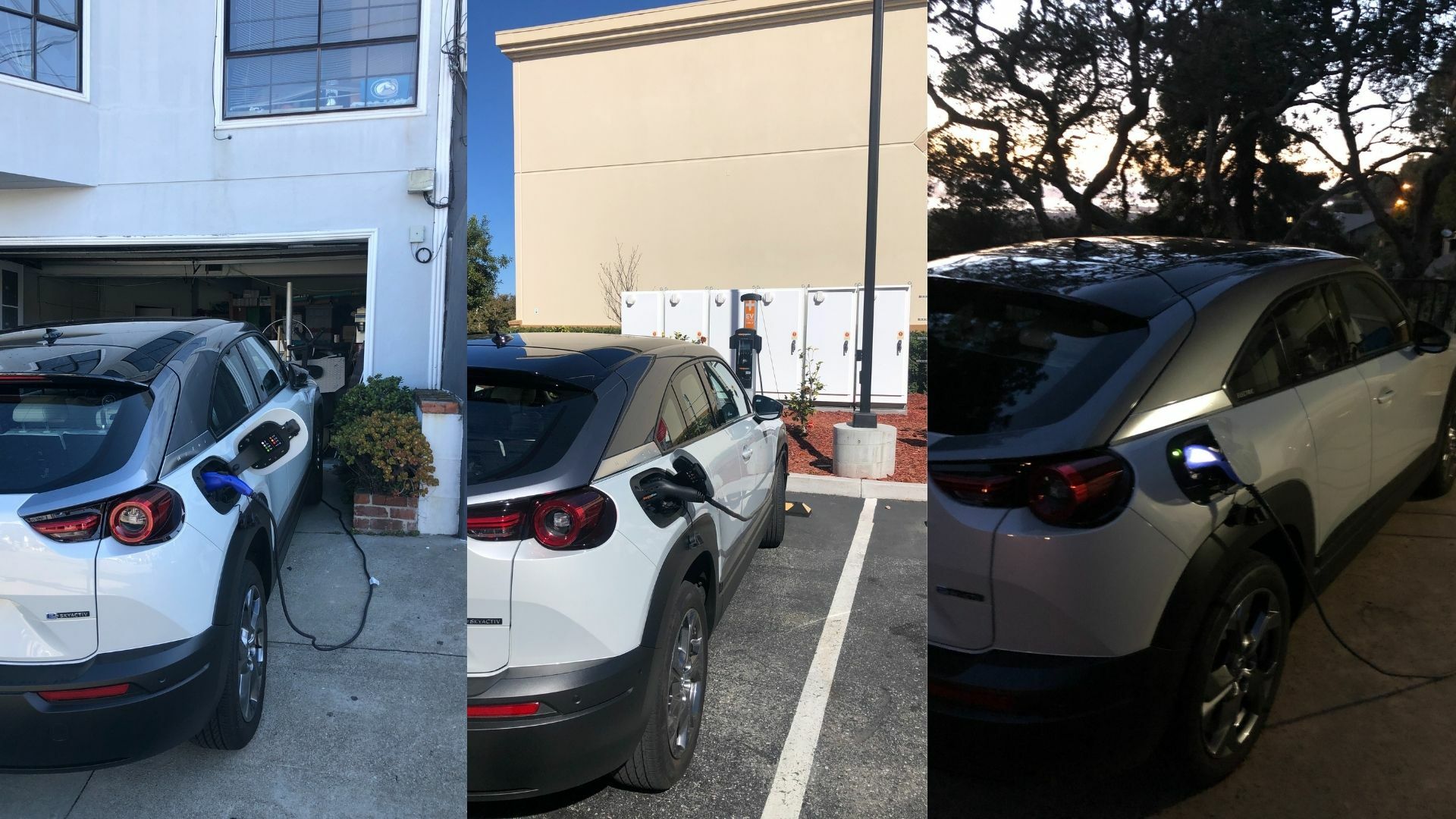 Three photos of a white electric car plugged into a charging plug.