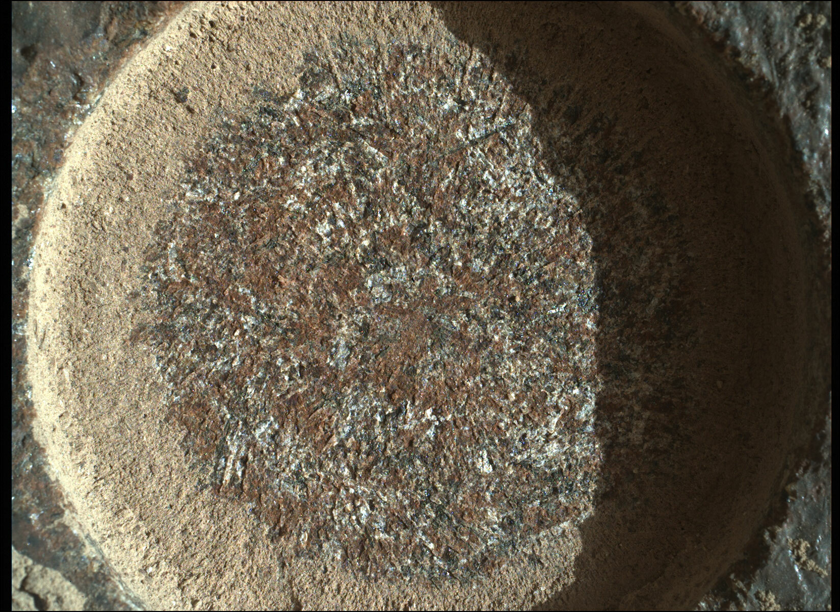 A close-up view of a Mars rock with a particular focus on the circular abrasion pattern created by NASA's Perseverance rover.