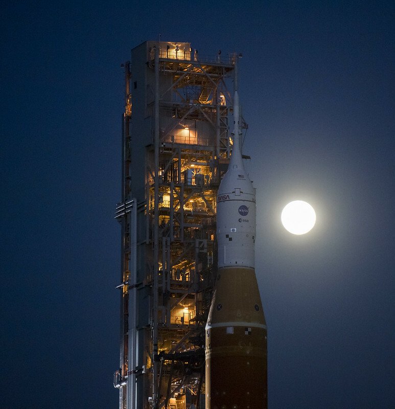 the Orion spacecraft atop NASA's SLS rocket stack