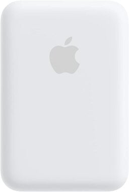 White portable charger emblazoned with apple logo