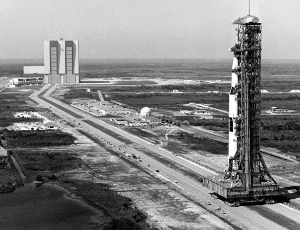 NASA's crawler moves the Saturn V rocket to its launchpad