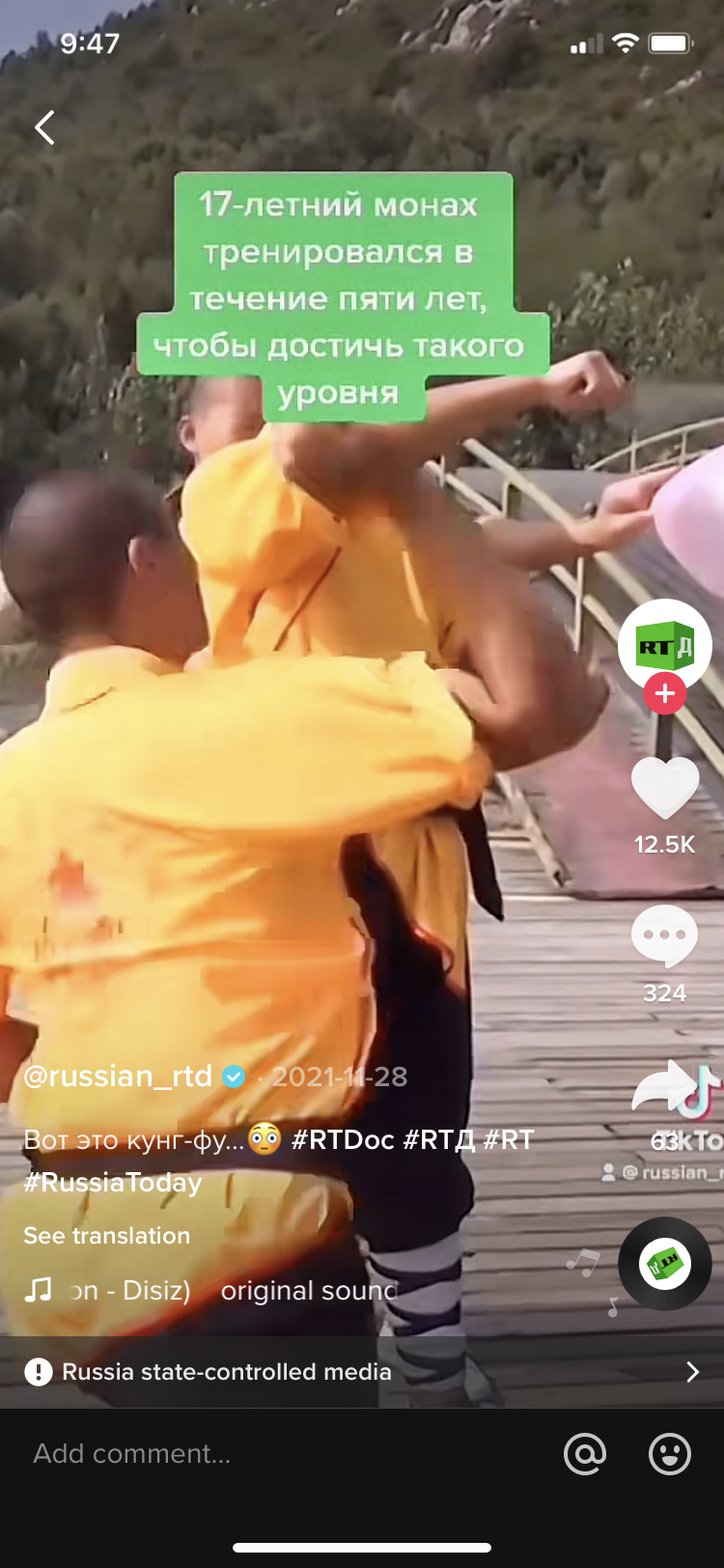 A screenshot of a TikTok from the official RT account shown with a 'state-controlled media' label.