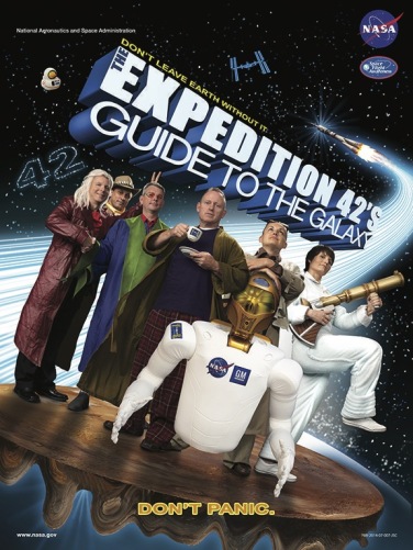 Astronauts posing as Hitchhiker's Guide to the Galaxy