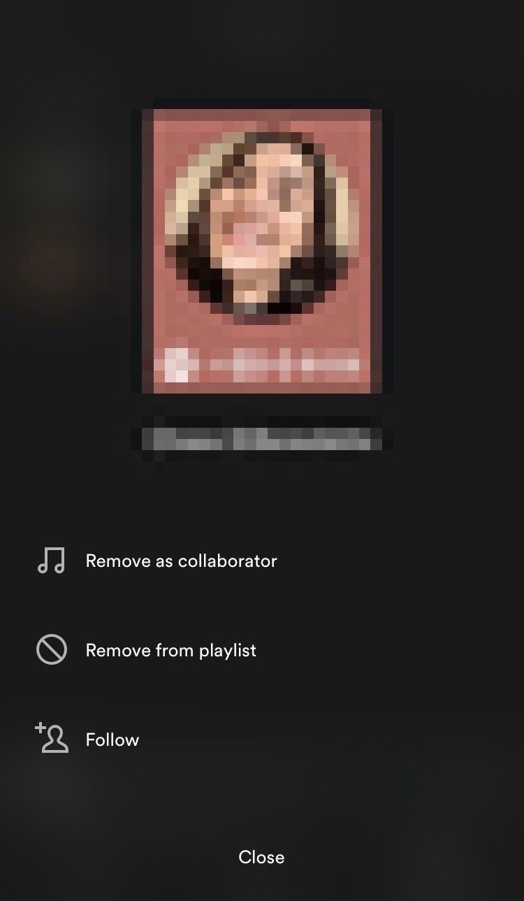 The options for removing someone from a Spotify playlist. 