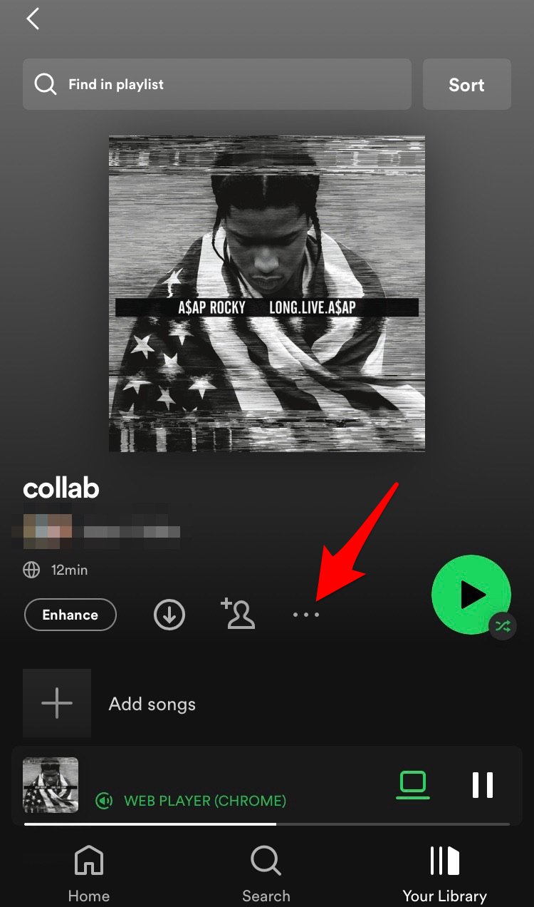 A collaborative playlist on Spotify with a red arrow pointing to the three grey dots. 