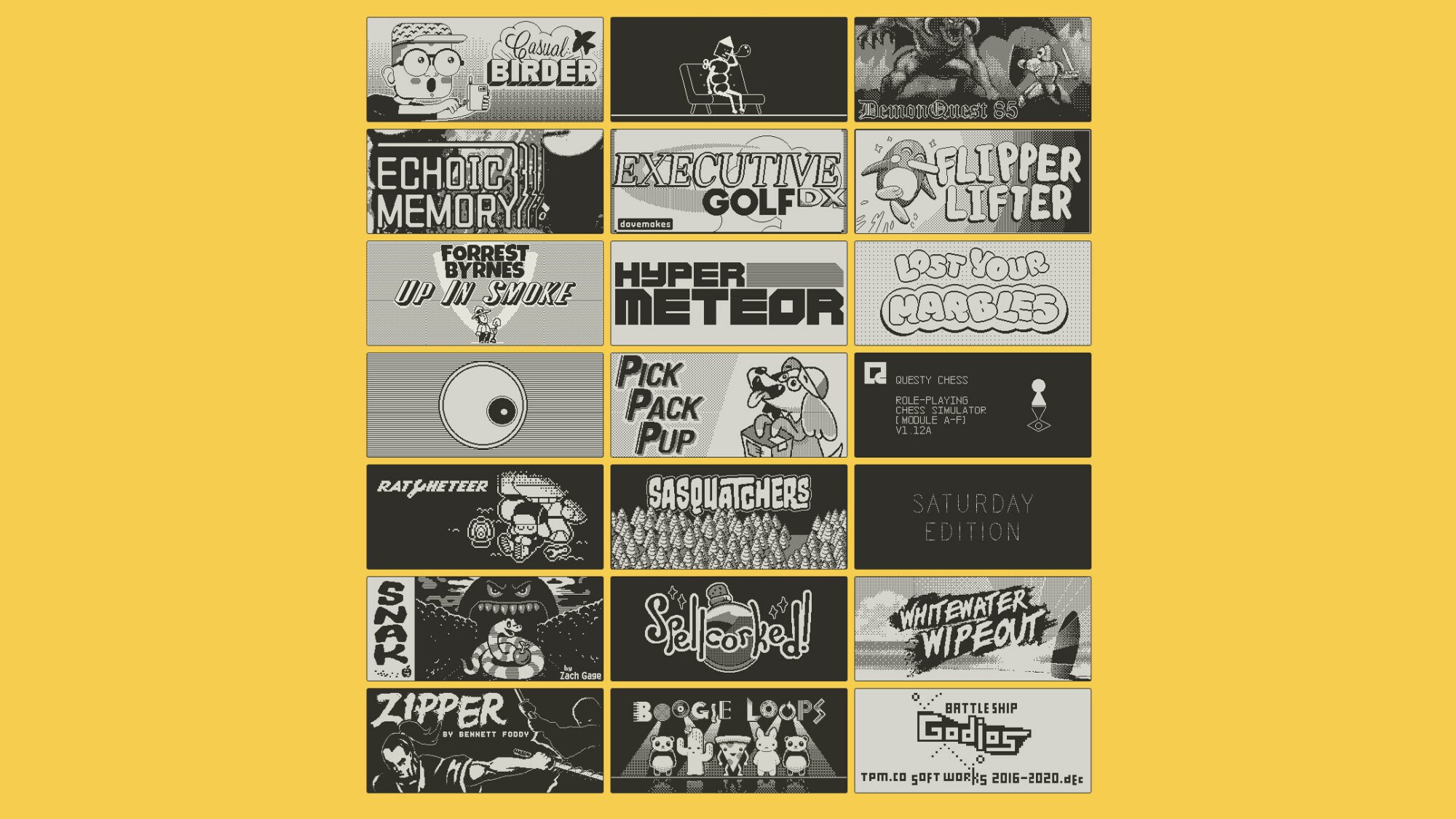 A look at the Playdate game library. 24 monochrome tiles featuring each game title and cover art.