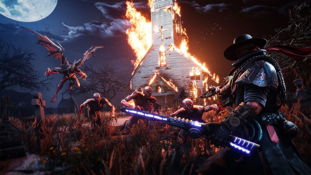 Bounty hunter takes aim at a horde of demons of vampire while a church burns in the background