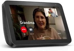 Man and child video calling a grandmother