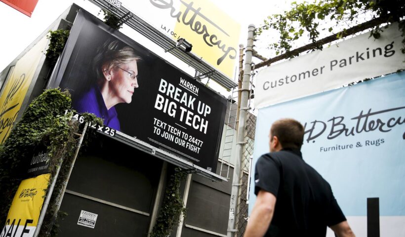 A “Break Up Big Tech” billboard with an image of Democratic presidential hopeful U.S. Senator Elizabeth Warren on May 30, 2019, in San Francisco, California.