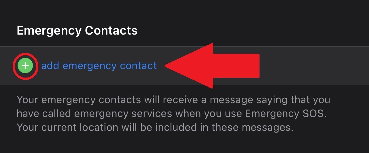 Arrow pointing to green plus icon for adding emergency contacts