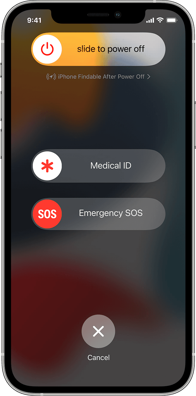 The power off button as well as the SOS button and Medical ID button on the iPhone home screen