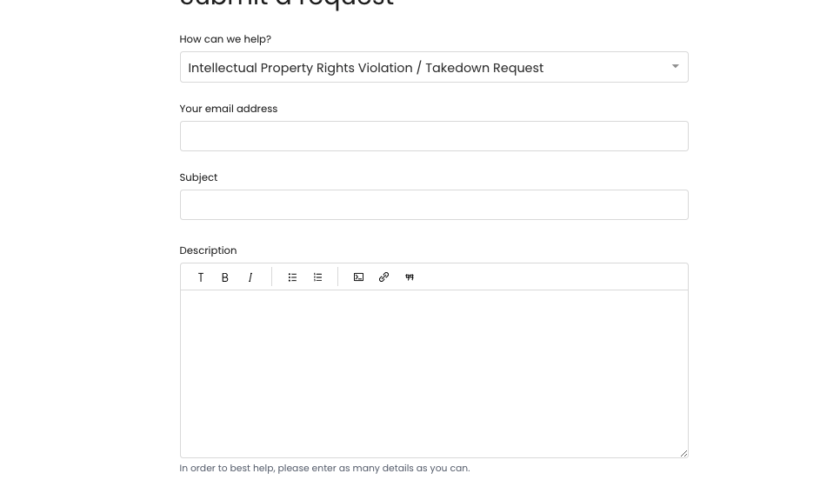 Screenshot of OpenSea's takedown request page.