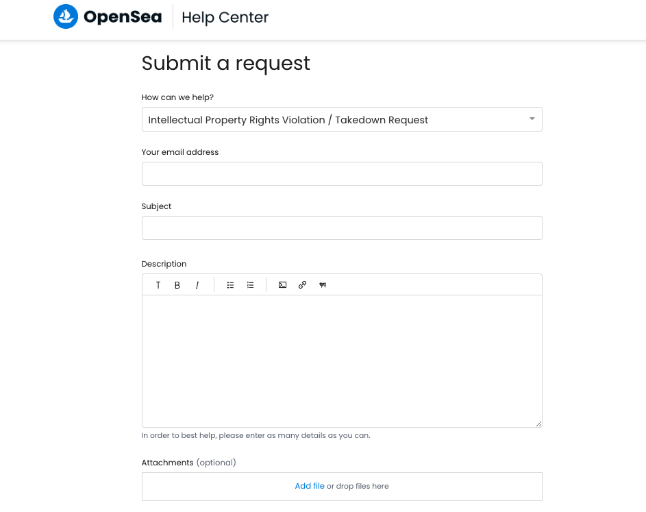 Screenshot of OpenSea's takedown request page.