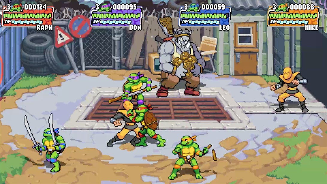 The TMNT fight Foot Clan adds as a miniboss hangs out in the background