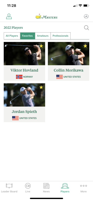A screenshot of the Masters app showing three 