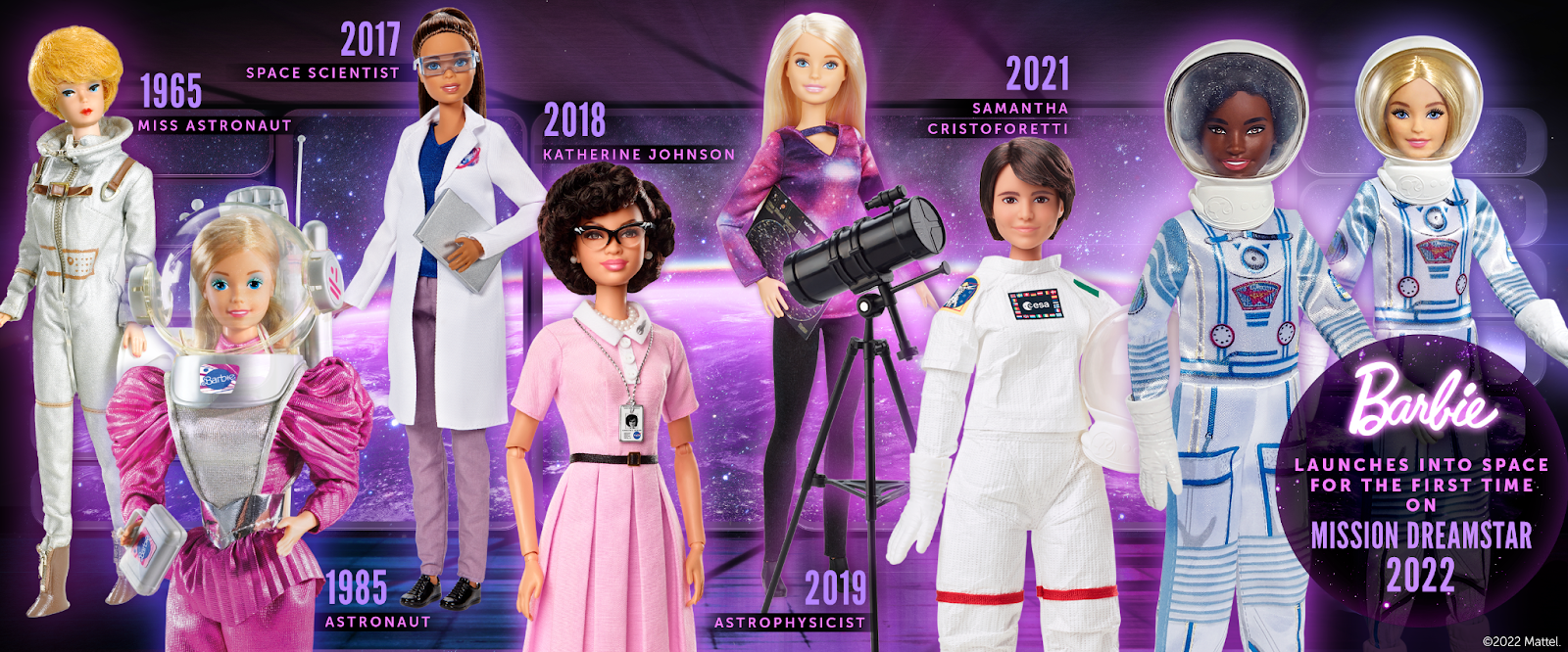 Barbie wearing space-themed outfits over the years