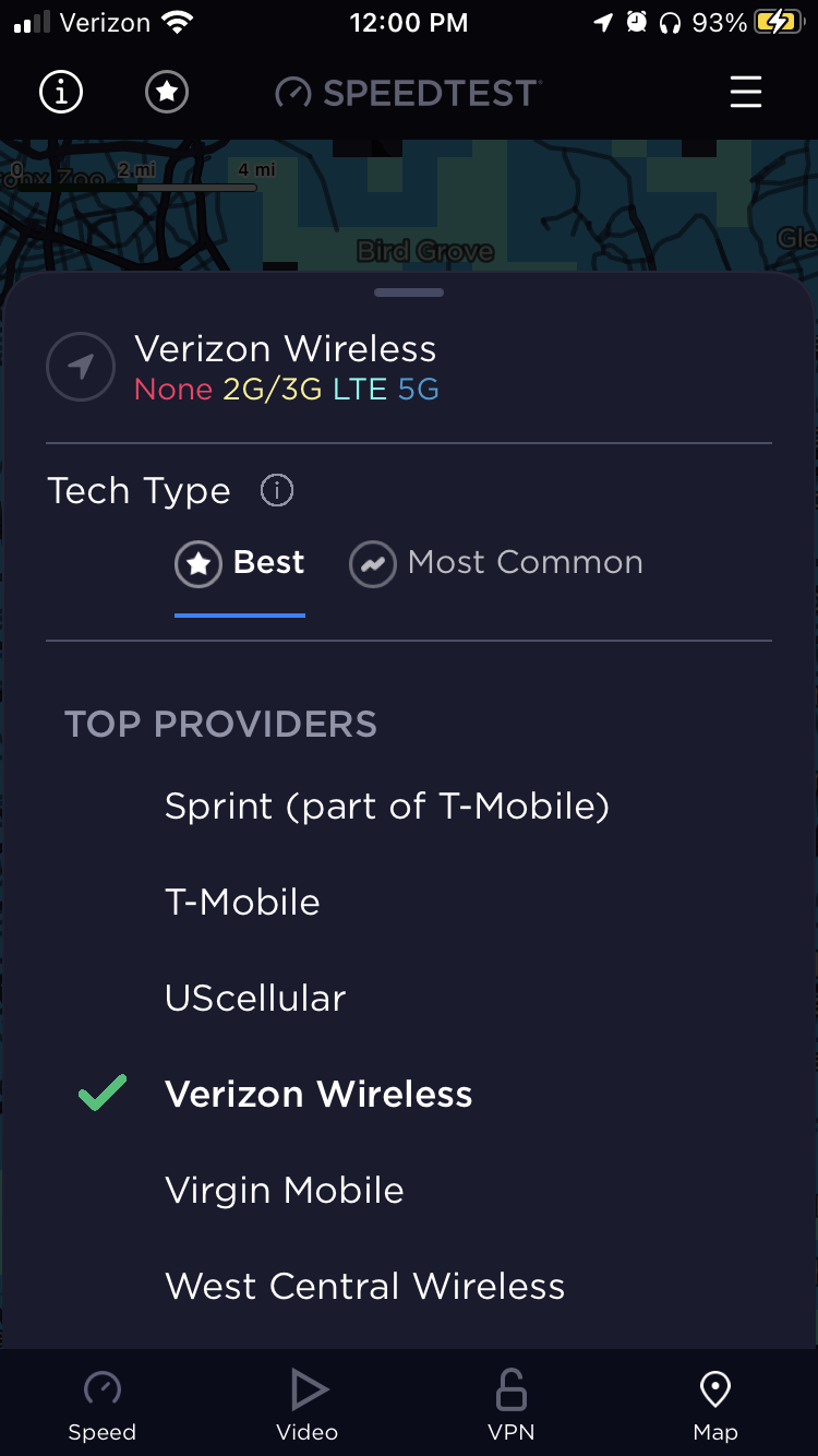 Speedtest maps settings screen