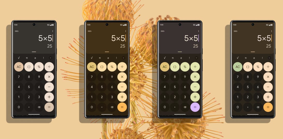 Four Android phones showing a calculator each with a different color variant