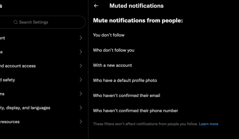 Twitter settings menu for privacy and security