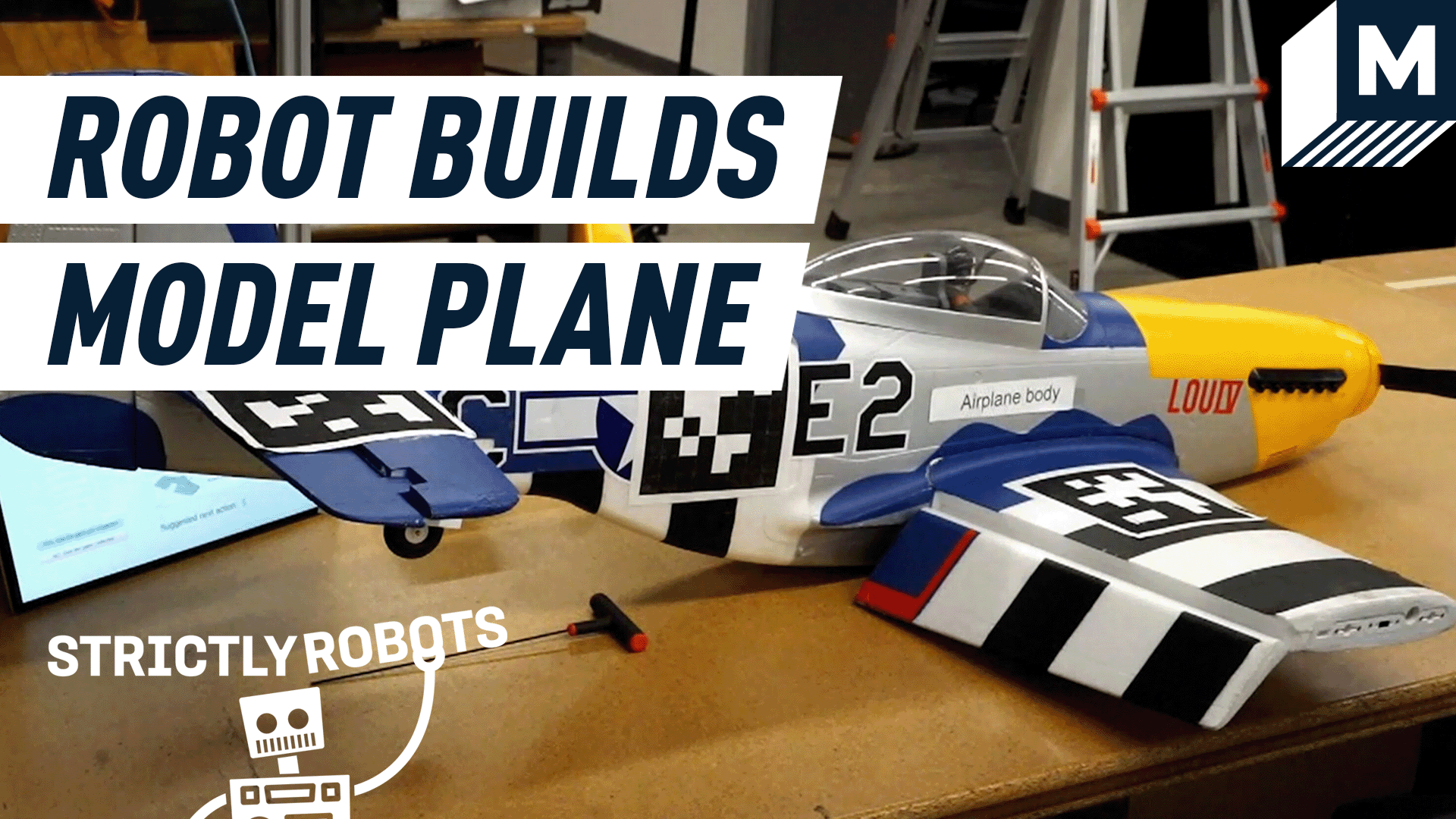 A finished model airplane built by a human and their robot assistant.