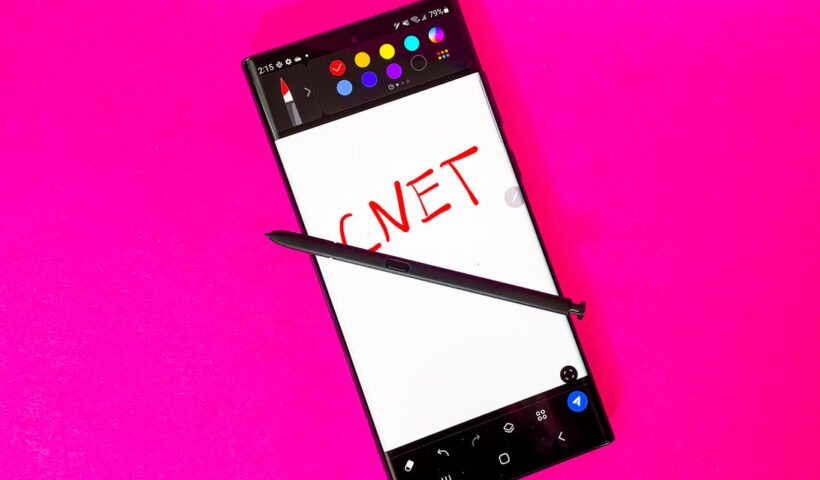 Samsung S22 Ultra with CNET written on the screen with a stylus