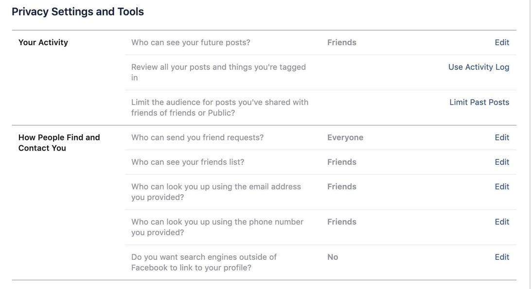 Facebook privacy settings screen