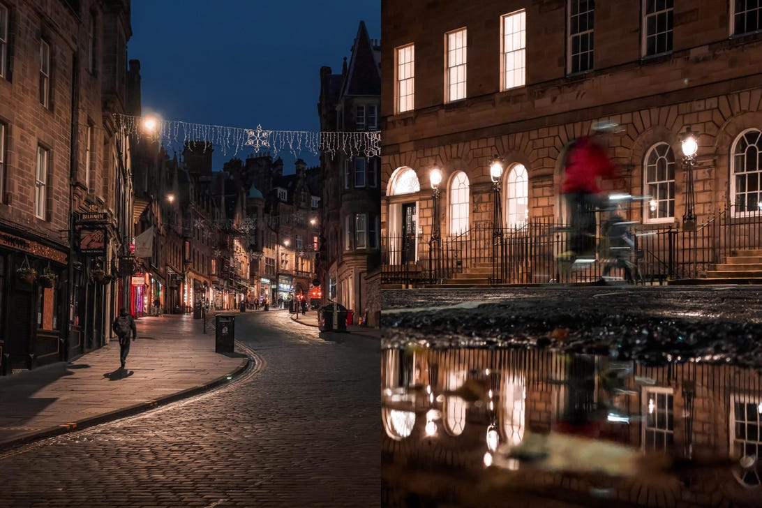 Two examples of night mode photos, taken on dark city streets