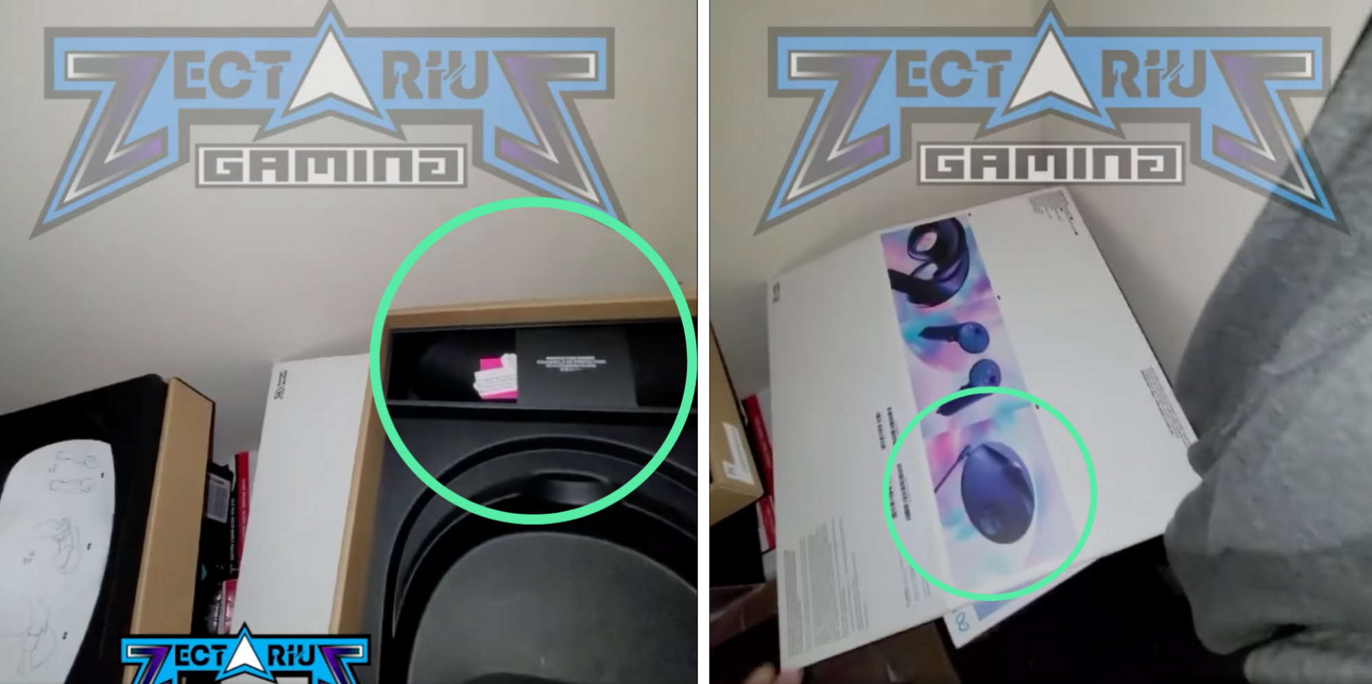 On the left, a blurry look at the black inside of a box where a vague shape is visible in the back. On the right, a photo from the top of the box of three product photos including one of a round black charger with a chord.